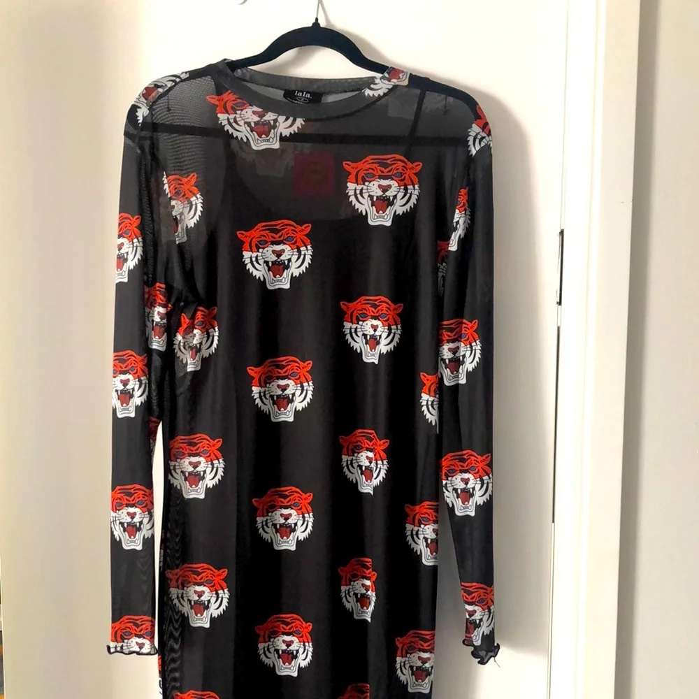 Dressed in LALA Black Mesh Dress with Red and White Tiger Print - Picture 1 of 6